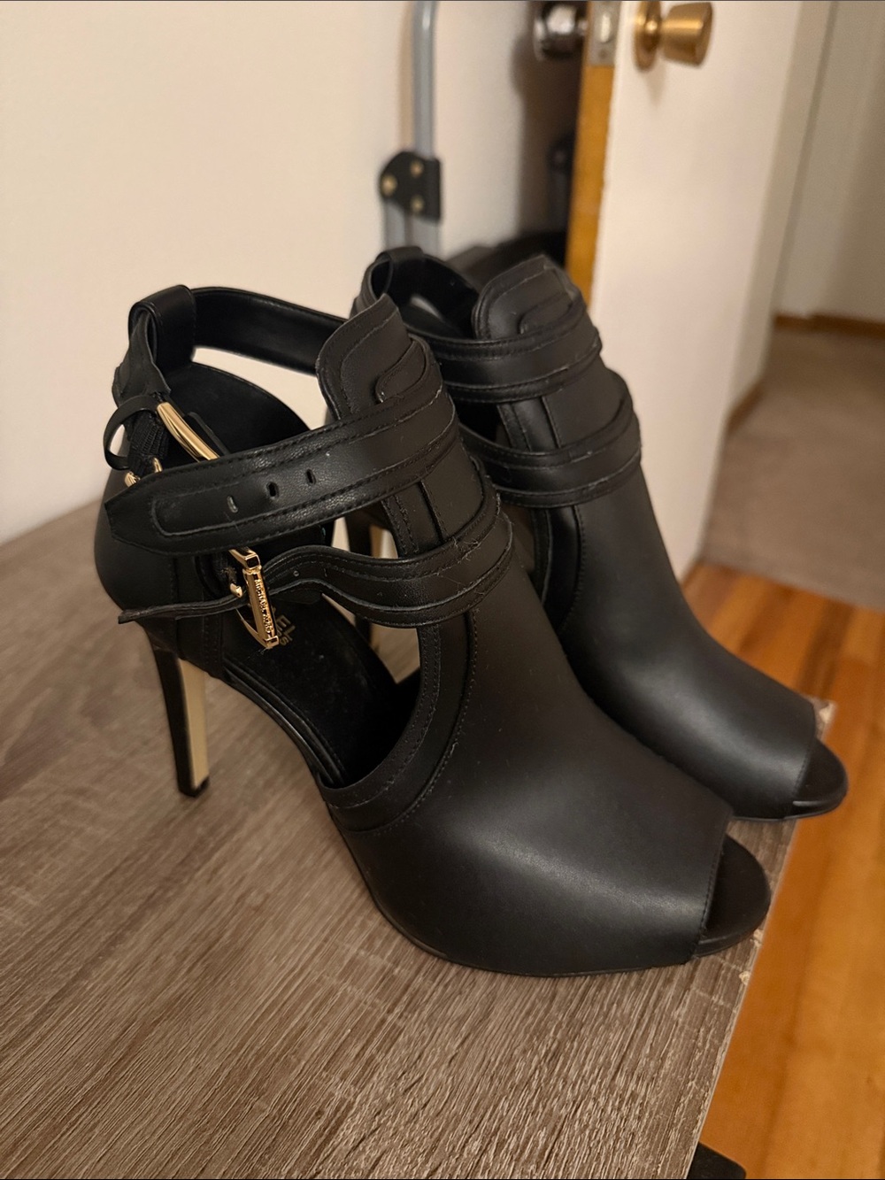 Michael Kors Black Peep-Toe Stiletto Heels with Strap Detail